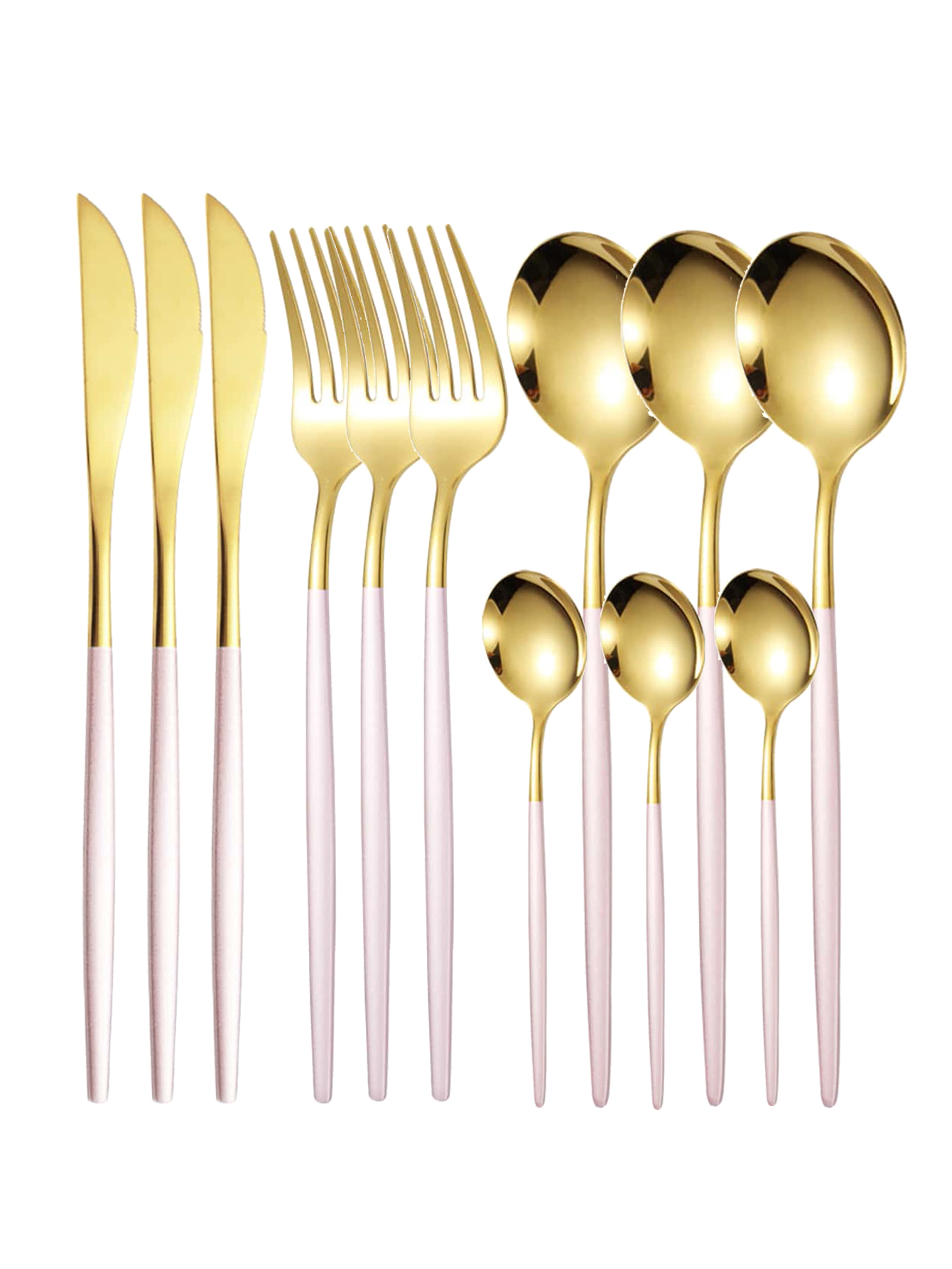 12pc Thin stainless steel cutlery set Portugal steak knife and fork dessert spoon coffee spoon: Pink
