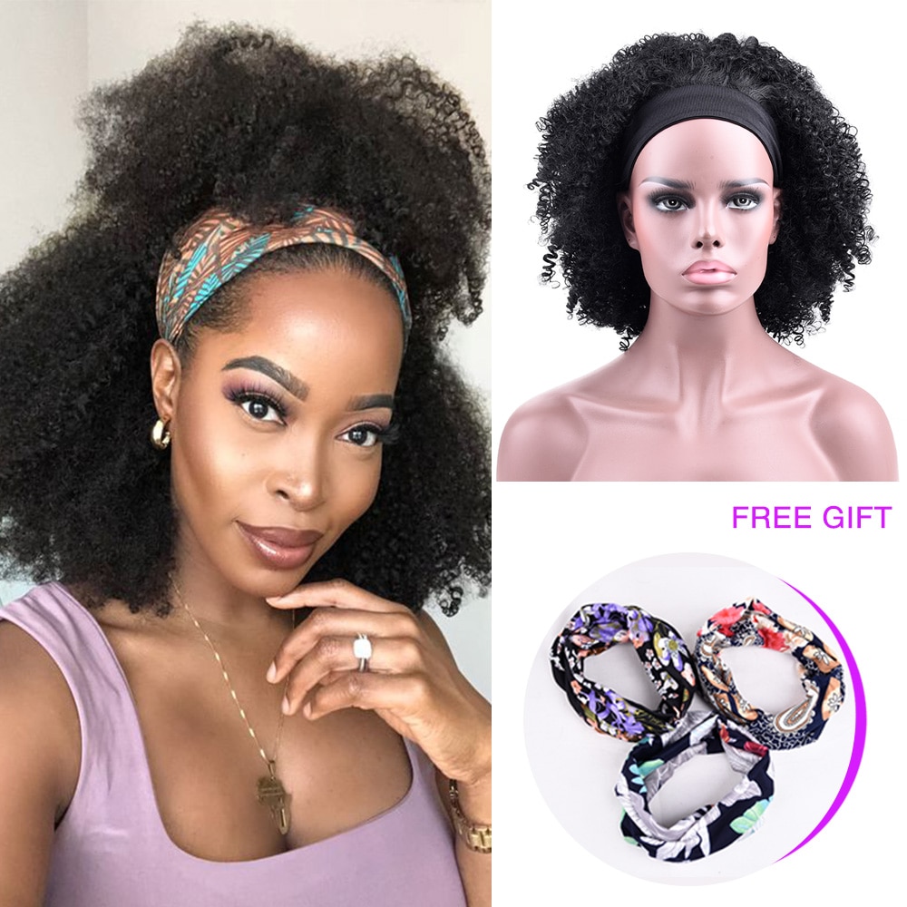 Afro Kinky Krullend Hoofdband Pruik Synthetische Pruiken 14Inch Chic Afro Kinky Haar Stijl Hoofdband Pruik Met Vooraf Bevestigd sjaal