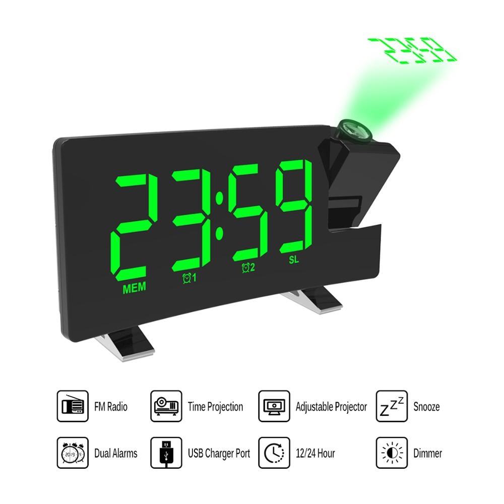 Digital FM Radio Alarm Clock With Projection 4 Alarm Sounds 9 Min Snooze Function Sleep Timer For Home Office Bedroom: Green