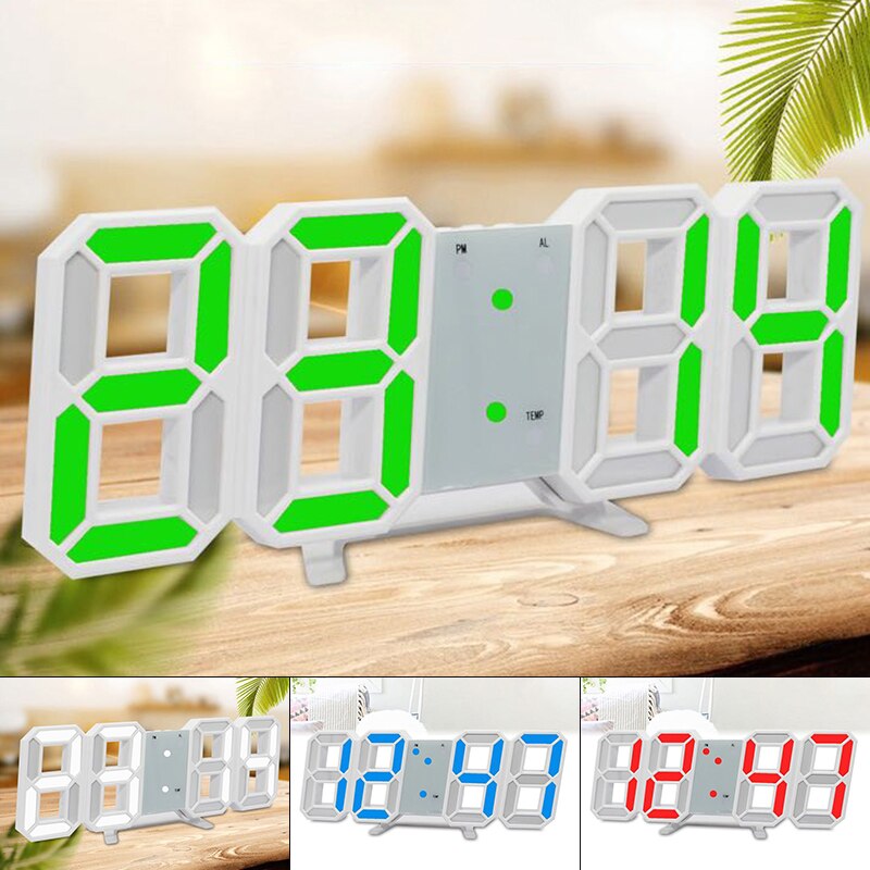 Large Digital LED Wall Desk Snooze Alarm Clock Modern 3D 12/24 Hour Display Memory Battery CR2032 Brightness Automatic Dimming