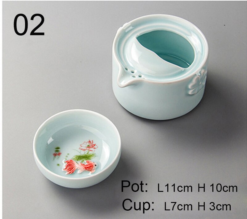 Celadon 3D Carp Travel tea set,Blue gaiwan tea set,Kung Fu Tea set Include 1 TeaPot 1 Cup,Beautiful and easy teapot: 02