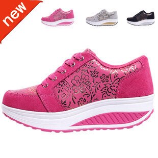 Spring Autumn Women Toning Shoes Platform Swing Sneakers Ladies Slim Body Shaping Fitness Shoes Lace Up Wedge Sneakers 7922: Red / 5