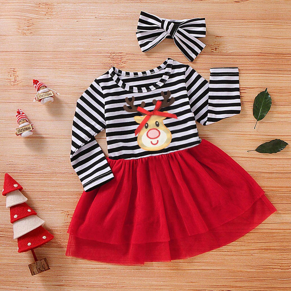 La mia Prima Di Natale Del Bambino Della Ragazza di Natale Del Vestito Del Bambino Del Bambino Delle Ragazze di Natale A Righe Deer Stampa Tulle Dress + Fascia Outfit Dress