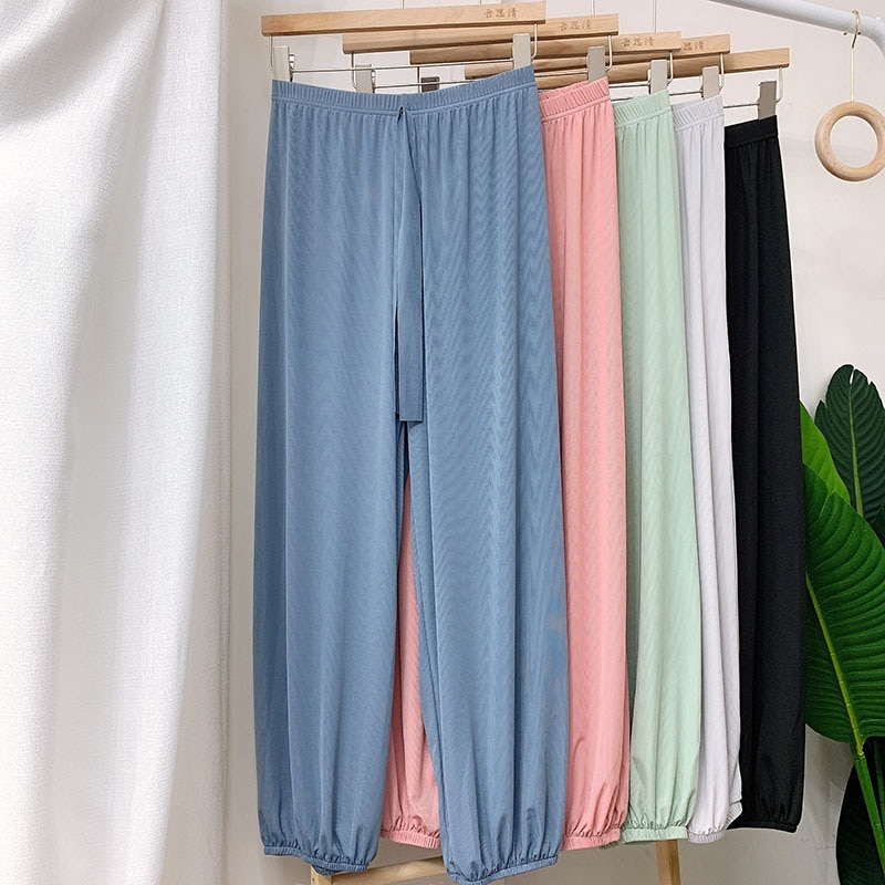Sanderala-pantalones de dormir de seda de hielo para mujer, ropa interior informal, suelta, con cintura elástica, de punto, con cordón