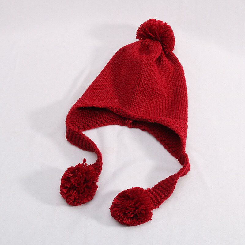 Kinderen wintermuts schattige pompon gebreide babymutsen effen kleur bescherm oorkap voor kinderen jongens meisjes warme benaie: Wijnrood