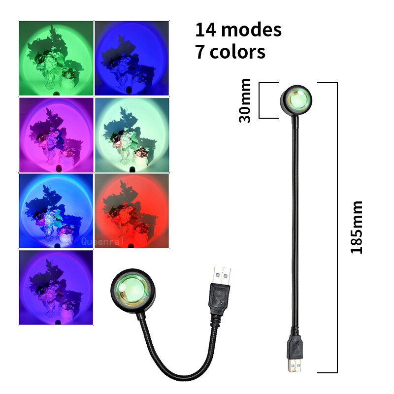 USB Solnedgang Projektor Lampe - 14 Tilstande Regnbue - Atmosfære Lys til Værelse Baggrund