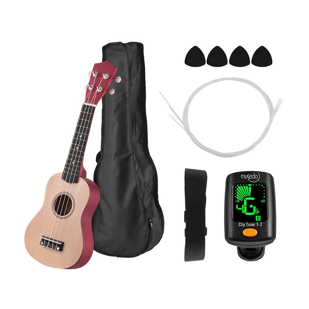 Sopran ukulele 21 ukulele sort basswood 4 strenge uke hawaii bas strenge musikinstrument sæt sæt+tuner+streng+rem+taske: Natur træ
