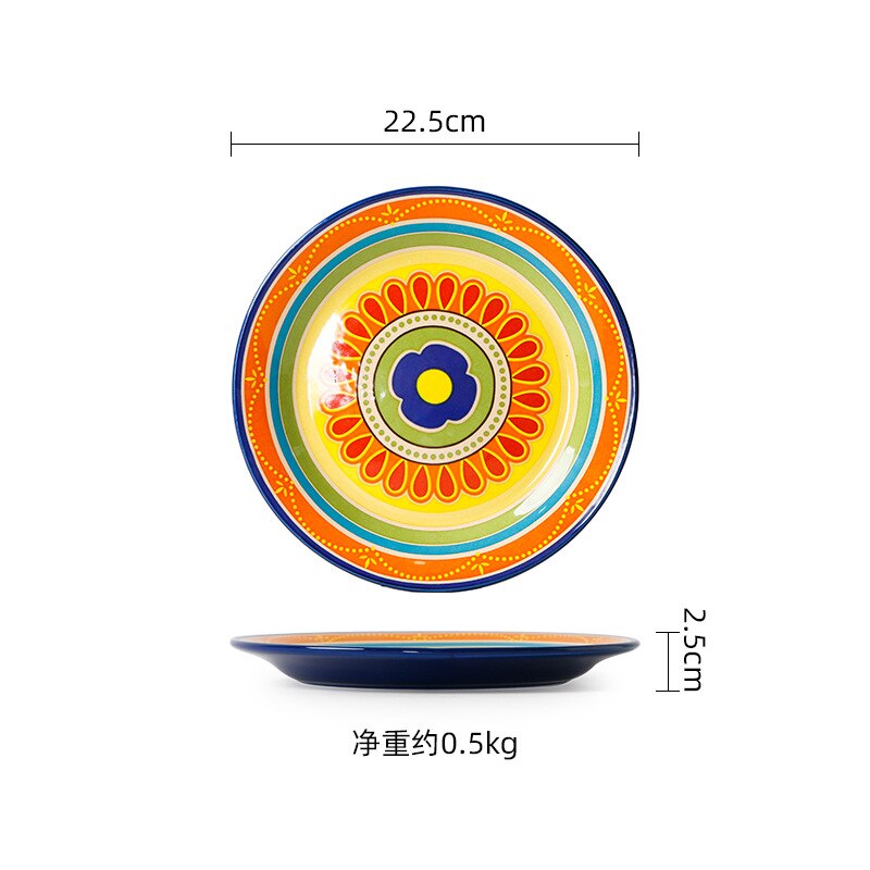 Série latine bols à salade en céramique créatifs, plats occidentaux peints à la main, bols à riz maison sous glaçure, ensemble d'assiettes à nouilles: 8.8 inch plate