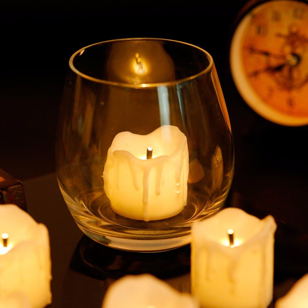 Bougies votives sans flamme de 12 | Bougies réalistes à piles et à lumière scintillante, de couleur blanc et ambre, pour mariage