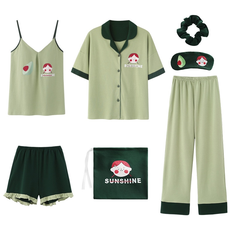 Jrmissli 7- delige dames pyjamasets herfstbroek sexy pyjama kamerjas nachtkleding zomer katoenen badjas nachtkleding pyjama