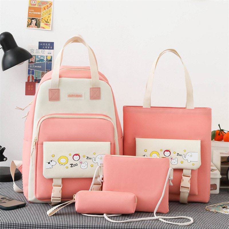 Qyahlybz 4 piece primary school student color matching bag middle school student backpack school children&#39;s girls backpacks: pink