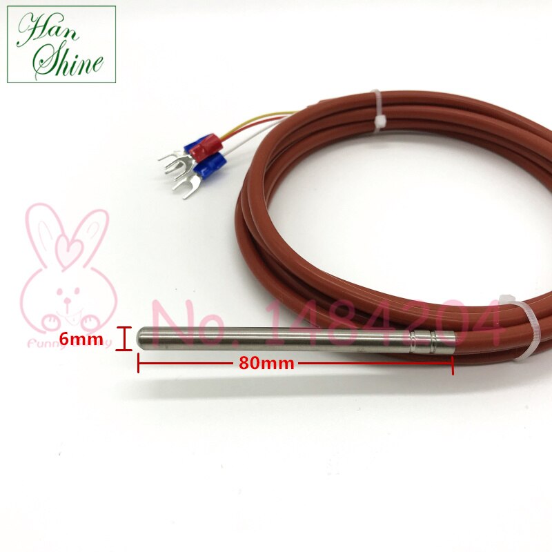 PT100 RTD Temperature Sensor 6mm*80mm Class B 2m Silicone Gel Coated Wire Platinum Resistance Pt 100 Stainless Steel Housing
