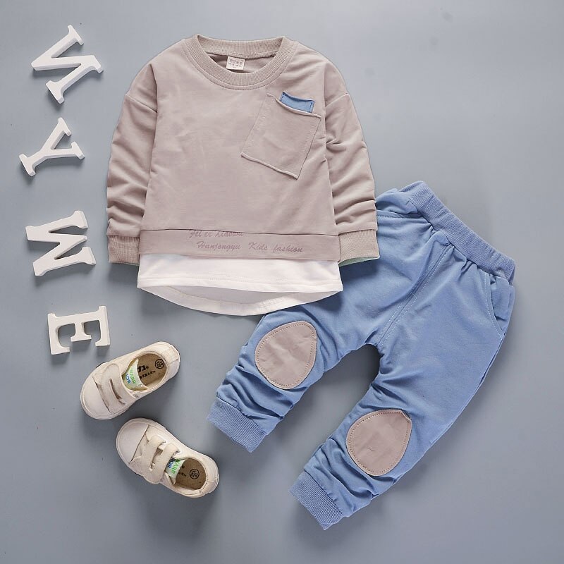 AiLe Rabbit children's clothes set Boys Girls Spring Autumn Long Sleeve Top Pants 2 Piece Set Pocket Decoration 3 color: Gray / 12M