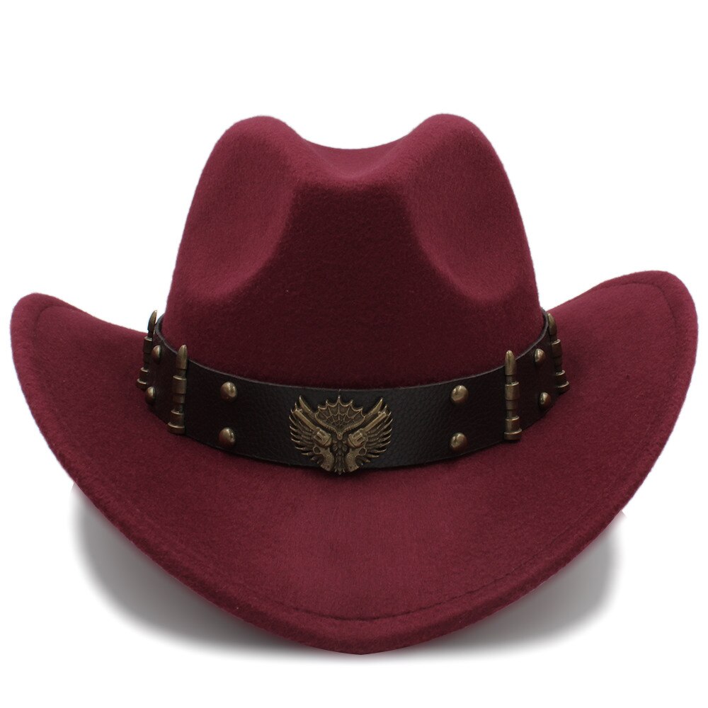 Kvinders uld western cowboy hat roll-up brim lady fascinator jazz hestesport sombrero hombre fedora cap størrelse 56-58cm: Rødvin