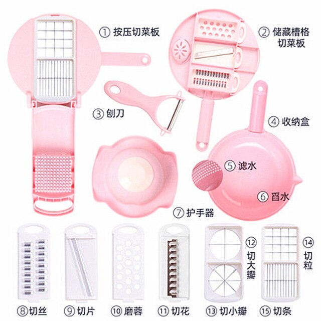 Cortador y rallador de verduras multifunción de acero inoxidable, cortador redondo de mandolina, rallador de zanahoria y patata, herramientas cortadoras para la cocina: Pink