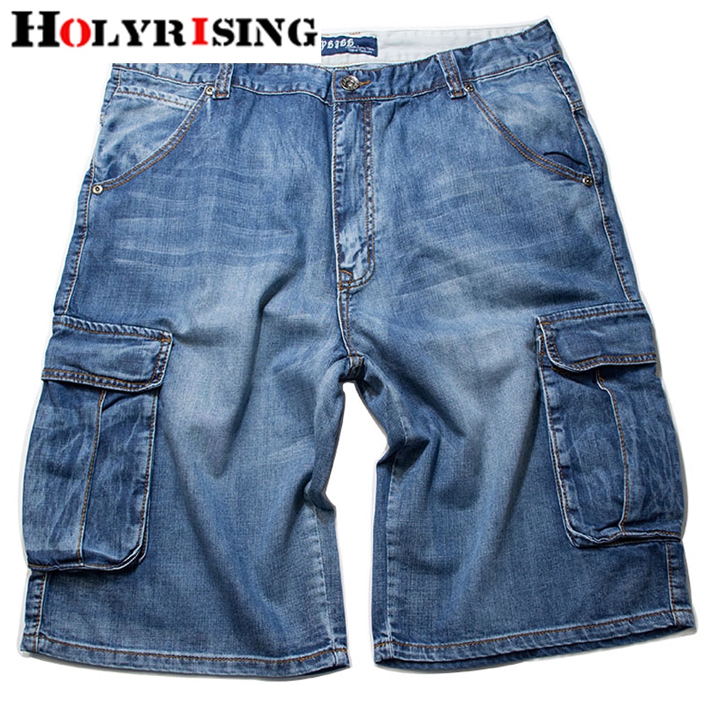 Holyrising sommer jeans mænd nødlidte jean lommer streetwear lynlås jeans mand kalv længde blå denim bukser plus szie 30-46