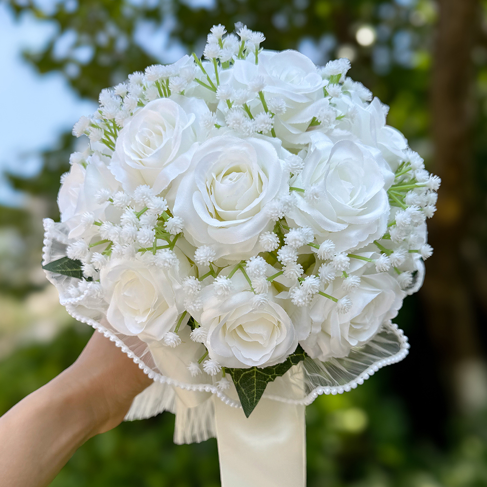 Babysbreath-Rosensträuße für sterben Braut, künstlicher Blumenstrauß für Hochzeiten Ich bin Freien, Valentinstag, Verlobungsfeiern: WEISS