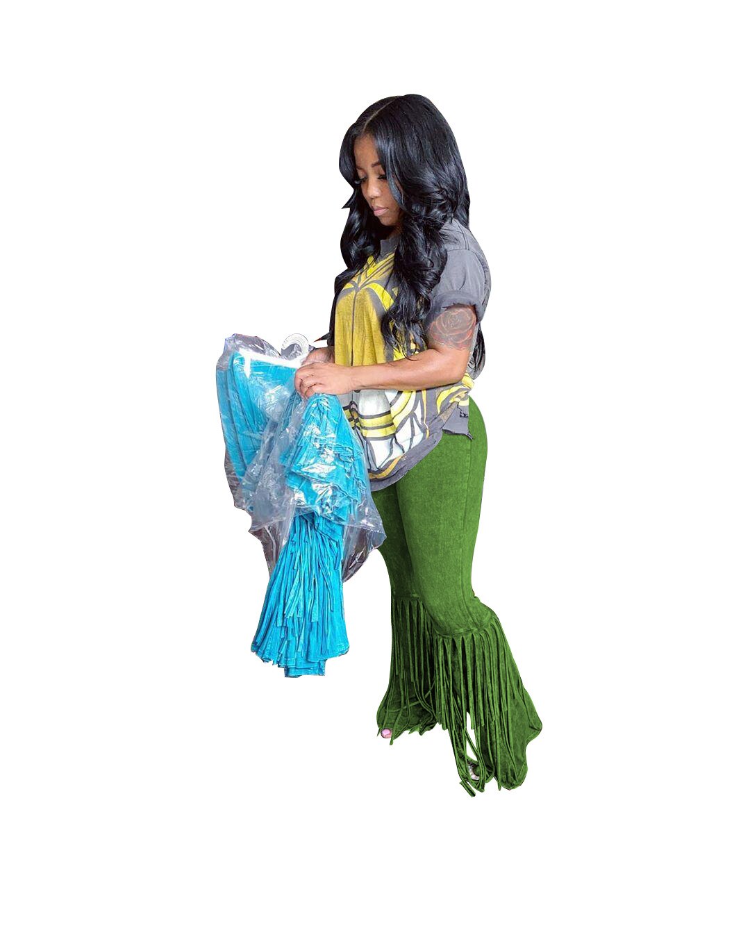 CM.YAYA-ropa de calle de ante para mujer, pantalones de empalme con borlas, Leggings de cintura alta, pantalones de chándal drapeados con campana acampanados: Verde militar / S