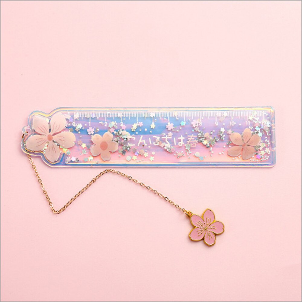 Cartoon Bookmark Drawing Ruler Cherry Flower Quicksand Plastic Ruler Measuring Straight Ruler Stationery Girl: D1