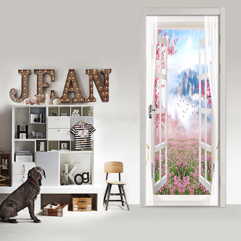3D Wall Door Sticker Scenery Outside Window Wallpaper Living Room Bedroom Home Decor Paste PVC Self-Adhesive Waterproof 3D Mural