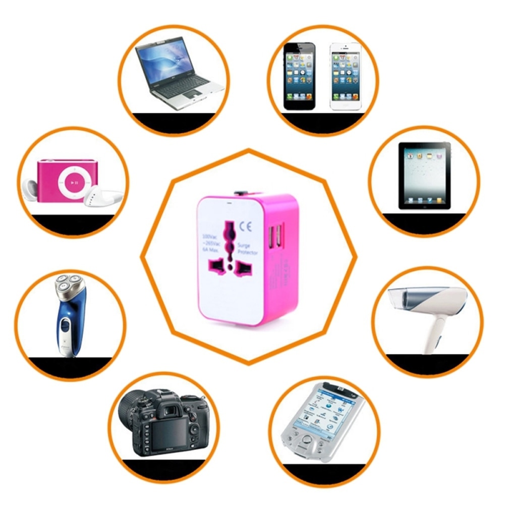 Universal Travel Adapter - 2 USB Ports, 2500W, 100-240V, Overload Protection, for USA EU UK AU