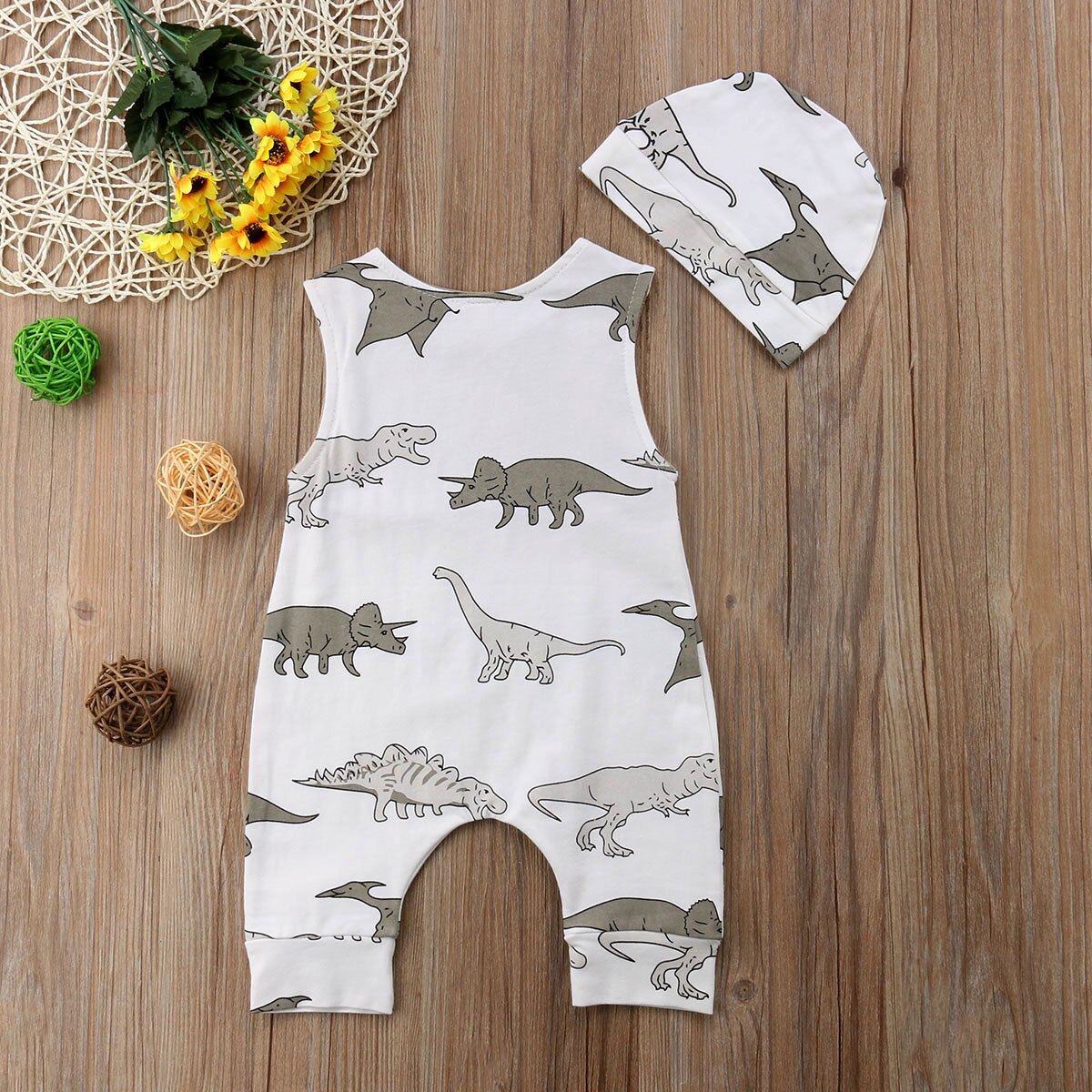 Pasgeboren Kids Baby Jongens Meisje Katoen Dinosaurus Patroon Mouwloze Ronde Hals Romper + Hoed Jumpsuit Playsuit 2 Stuks Kleding Outfits