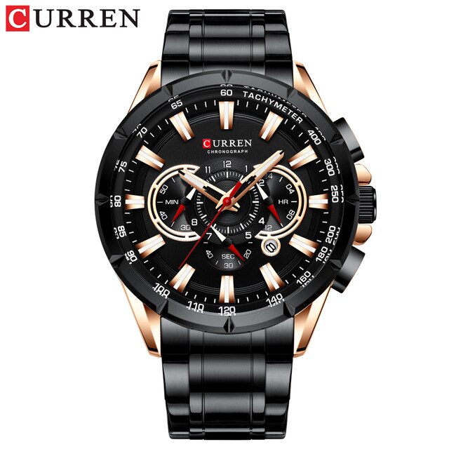 Curren Causale Sport Chronograph Horloge Roestvrij Stalen Band Horloge Grote Wijzerplaat Quartz Horloges Met Lichtgevende Pointers: Black