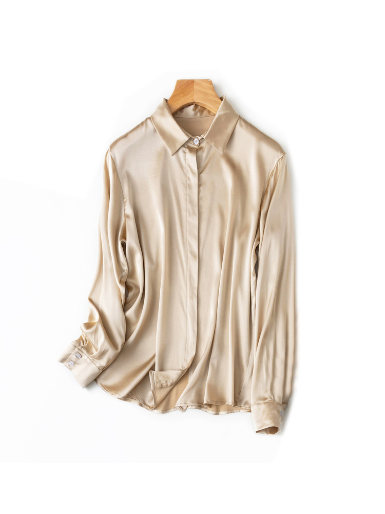 SuyaDream-camisas lisas de seda 93% auténtica para mujer, Blusa de manga larga de 7% licra, Top para oficina, primavera y otoño, 2022: XXL / Champán