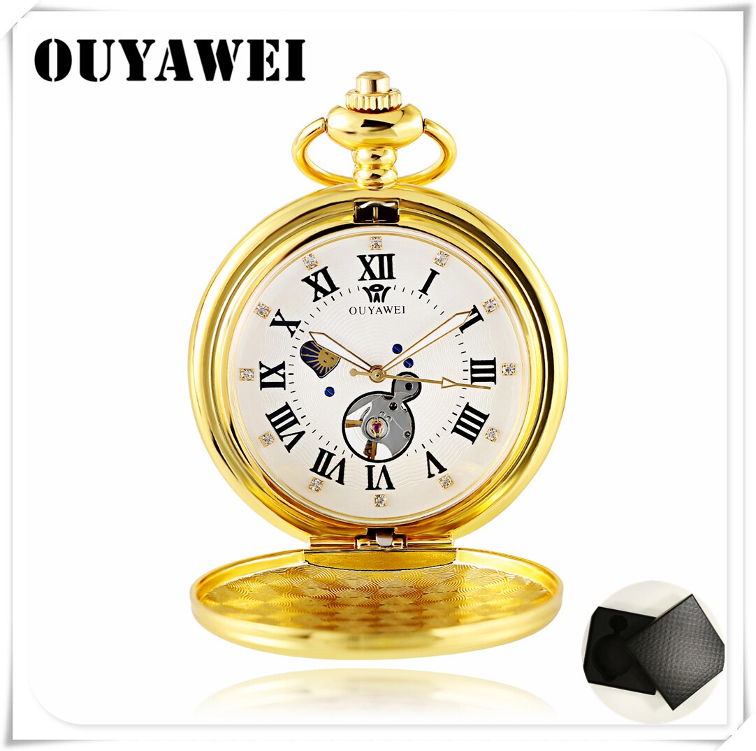 OUYAWEI Luxury Golden Moon Phase Mechanical Pocket Watch Roman Number Tourbillon Dial Pendant Chain Men Women: Gold White-Box