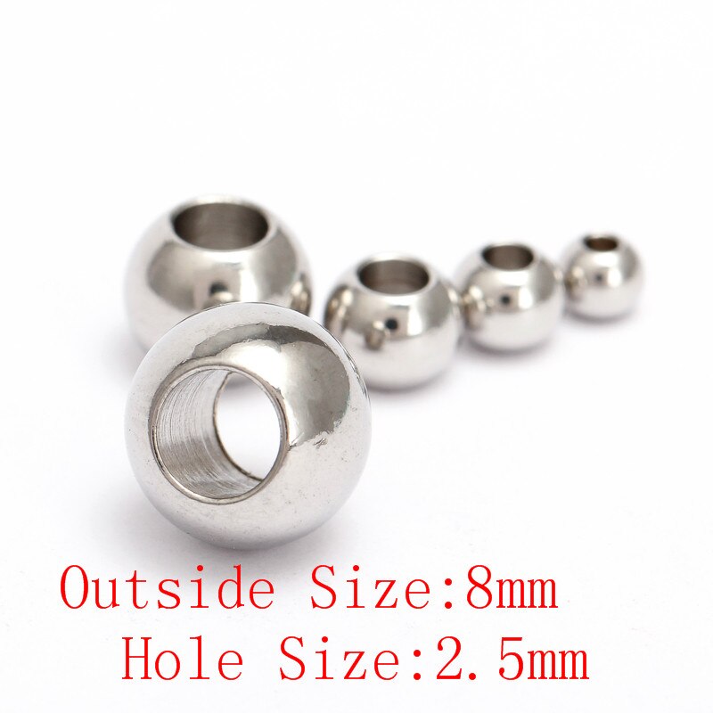 50 stuks/partij ronde kralen van roestvrij staal, zilverkleurig, 2 3 4 5 6 7 8mm met groot gat, europese ruimtekralen voor doe-het-zelf sieraden: 8mm met 2.5mm gaten