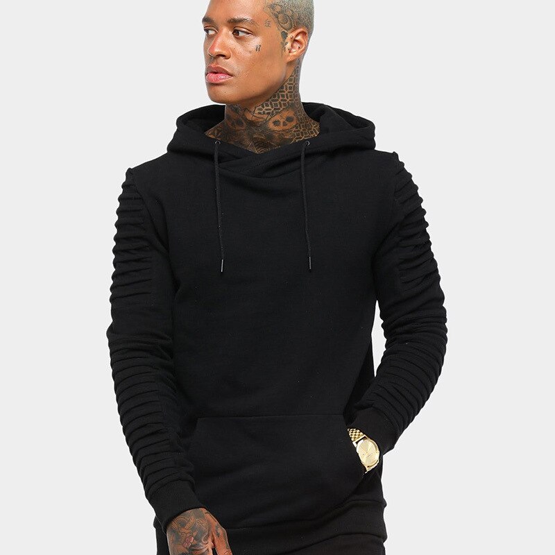 Herfst/Winter Geplooide Effen Kleur Hoodie Run Sport Trend Trui Lange Mouwen Losse Casual Sueter Hombre con Capucha: XXL / Black