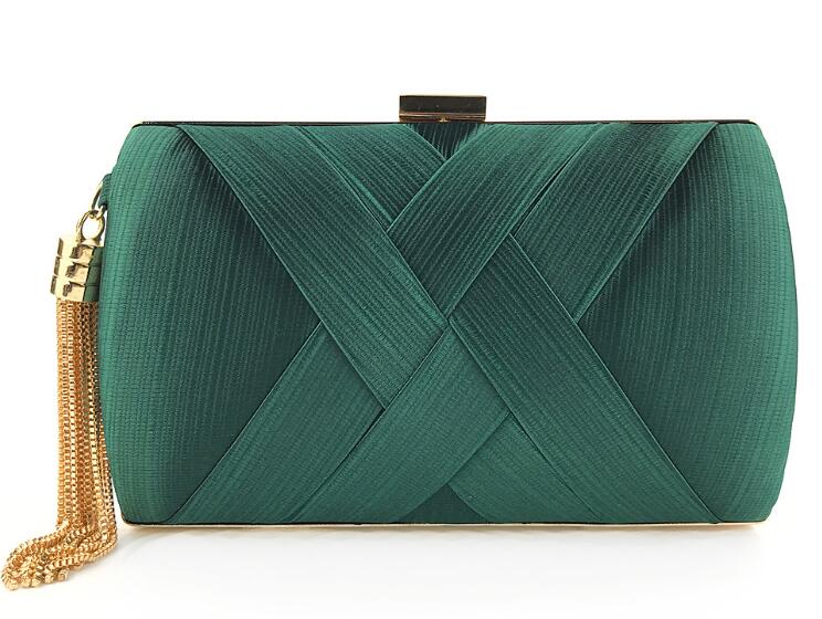 Hand holding dinner bag satin fringed dress bridal evening bag: Green