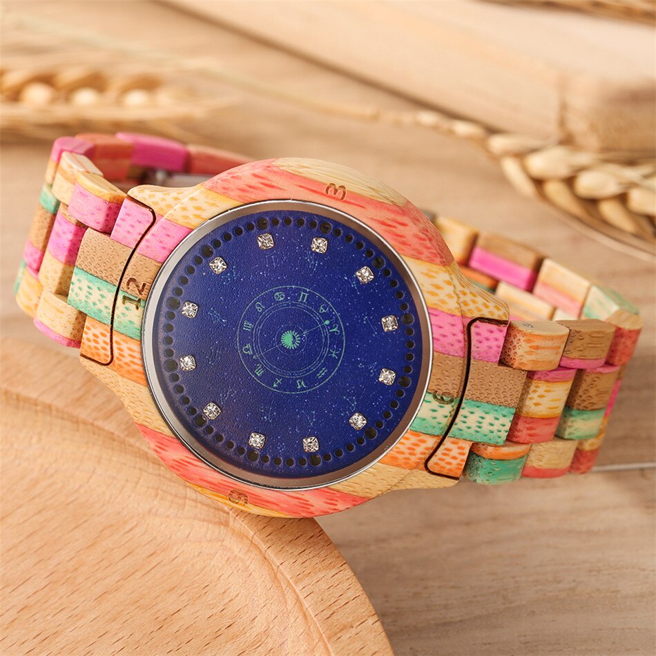 Redfire starry blue 12 constellations display led digitaal dameshorloge multi-color bamboe houten horloge dames