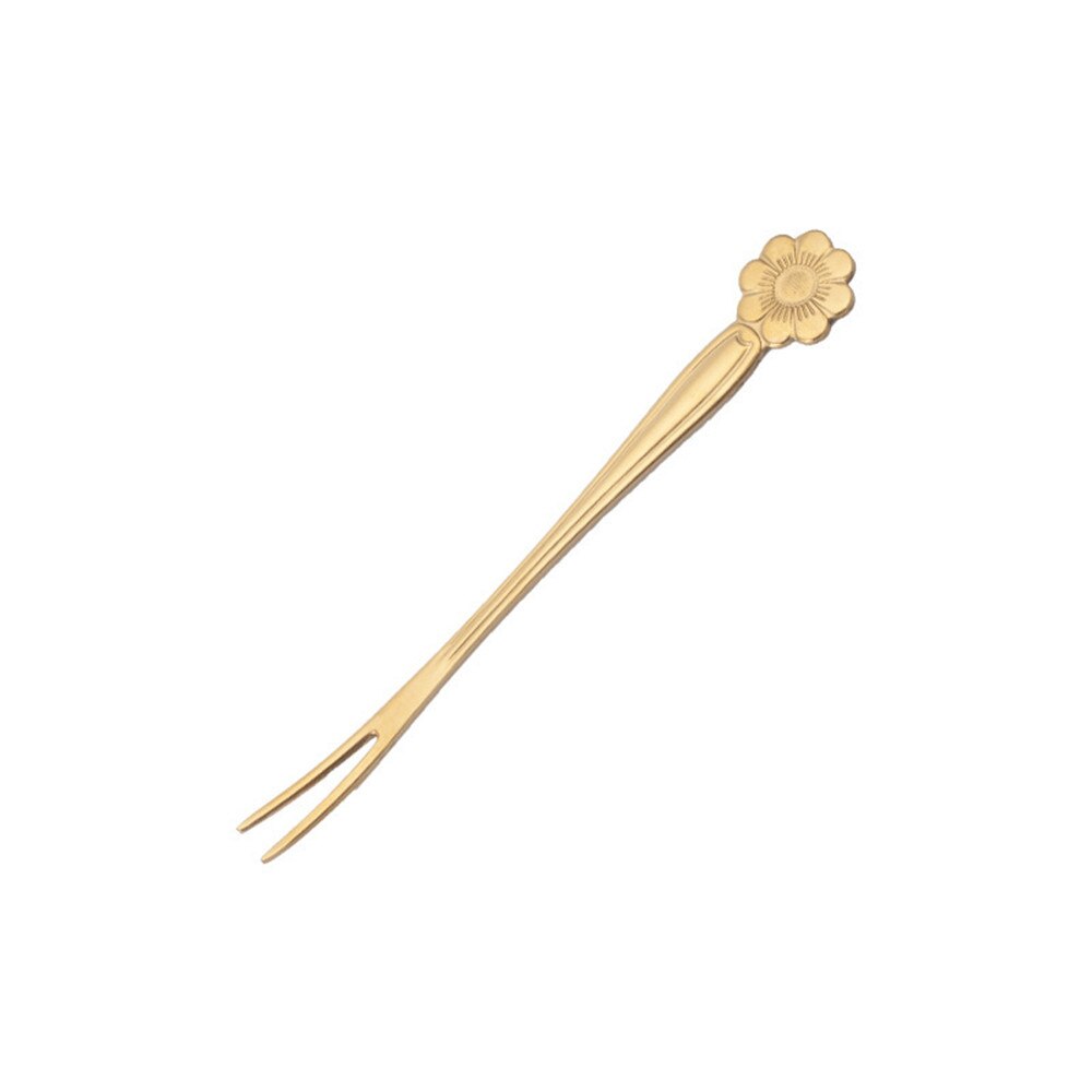 Tenedor de fruta de dos dientes de acero inoxidable forma de flor tarta postre tenedor suministros accesorios de vajilla de cocina: Gold 2