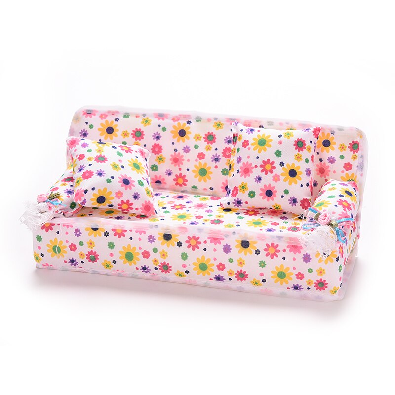 1Set Mini Poppenhuis Meubels Bloem Doek Sofa Couch Met 2 Volledige Kussens Voor Poppenhuis Speelgoed