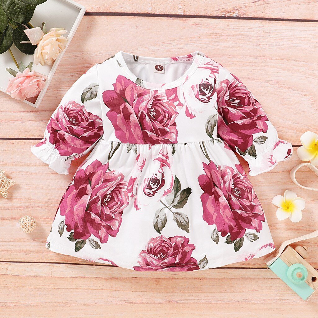 Newborn Toddler Baby Girls Half Sleeve Rose Flower Print Ruffle T-shirt Tops Birthday Clothing For Girls ropa nina Vestido