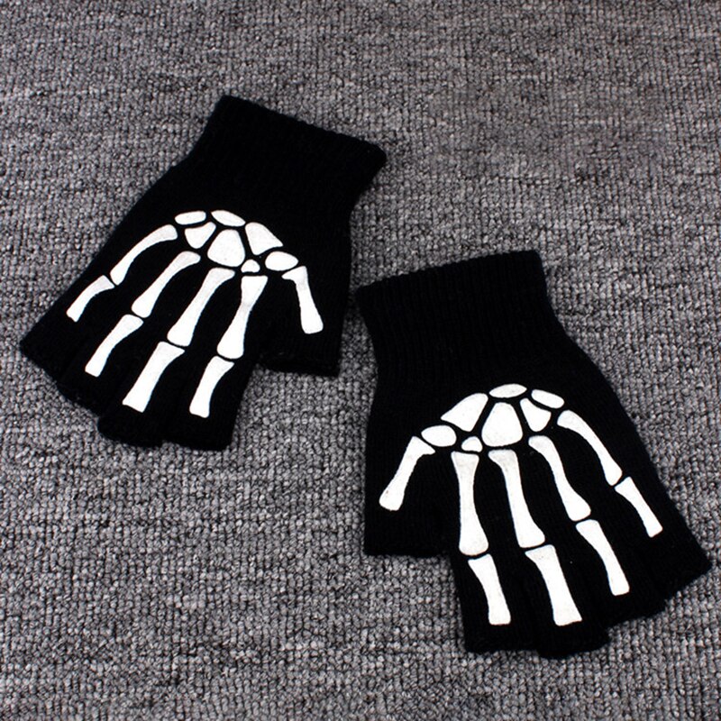 Afdrukken Fluorescerende Skelet Schedel Gebreide Half Vinger Handschoenen Koele Herfst Winter Zwart Ridding Breien Handschoenen Voor Kinderen