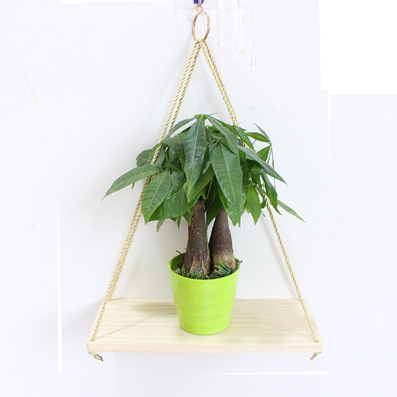 Inomhus balkong grön växt display rack swing väggmonterad hylla trähängande jute rep hylla rack hylla dekoration
