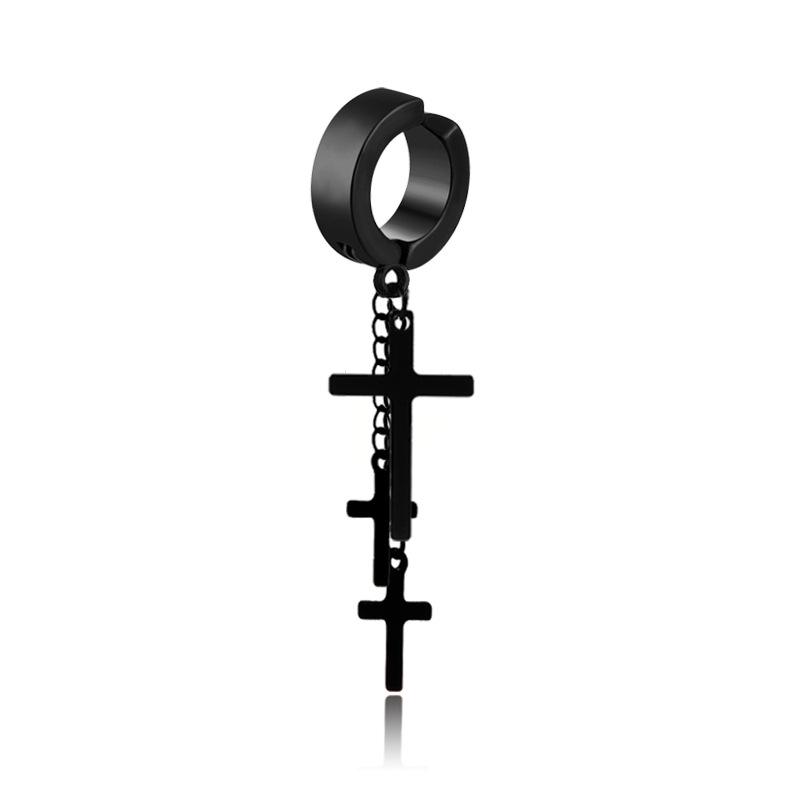 Punk Rock Titanium Steel No ear hole Earrings 3 Crosses Long Tassel Clip Earring Male Female Jewelry Black Silver Color: black