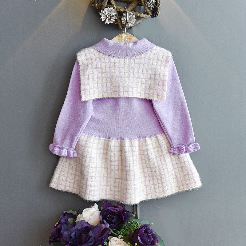 Meisjes Truien Jurk 2022 Herfst Winter College Stijl Gebreide Plaid Jurk Prinses Jurk Peuter Meisje Winter Kleding