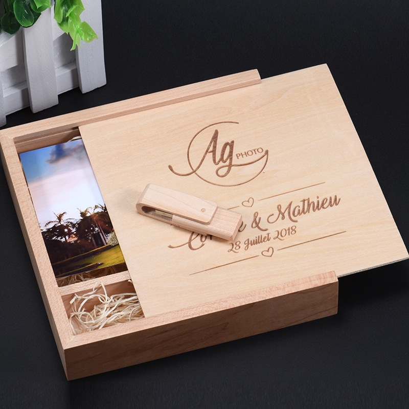 Jaster Maple Houten Squre Foto Doos & Maple Usb 2.0 4 Gb/8 Gb/16 Gb/32 gb/64 Gb Flash-geheugenstick (Custom Logo)