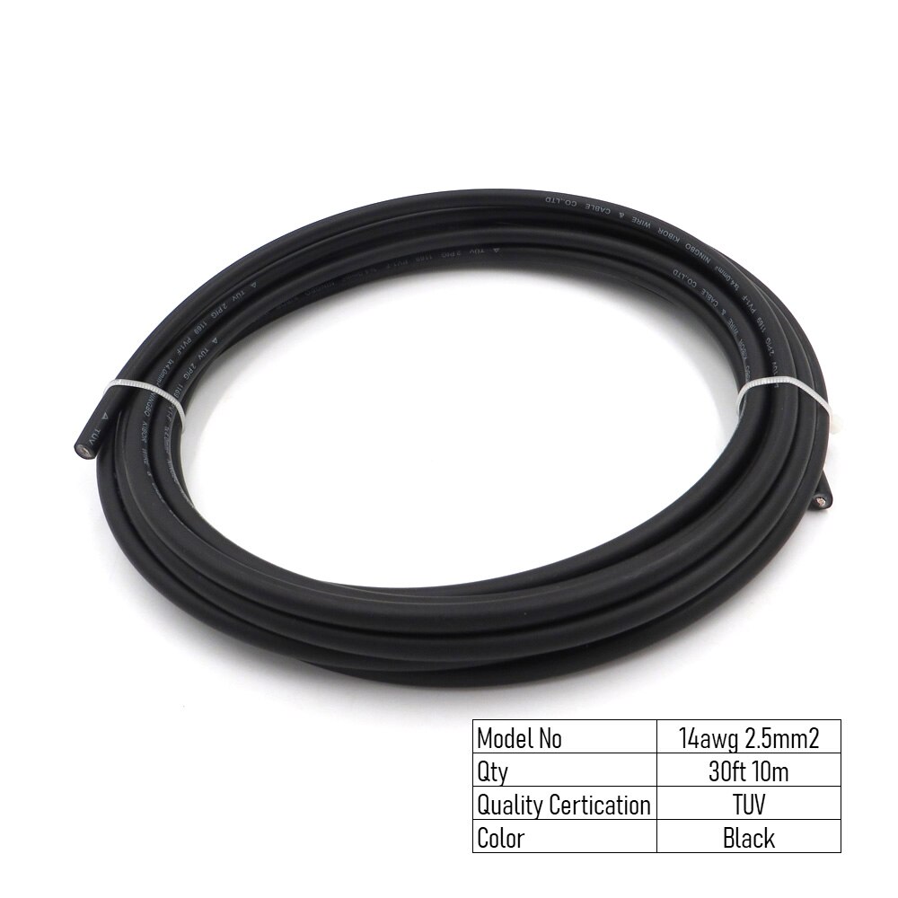 30FT Tuv Solar Kabel 2.5/4/6mm2 Lpe Isolatie Rood Of Zwart Solar Module Sluit 14/12/10awg Elektrische Draad Pv Panel: 30FT 14AWG Black