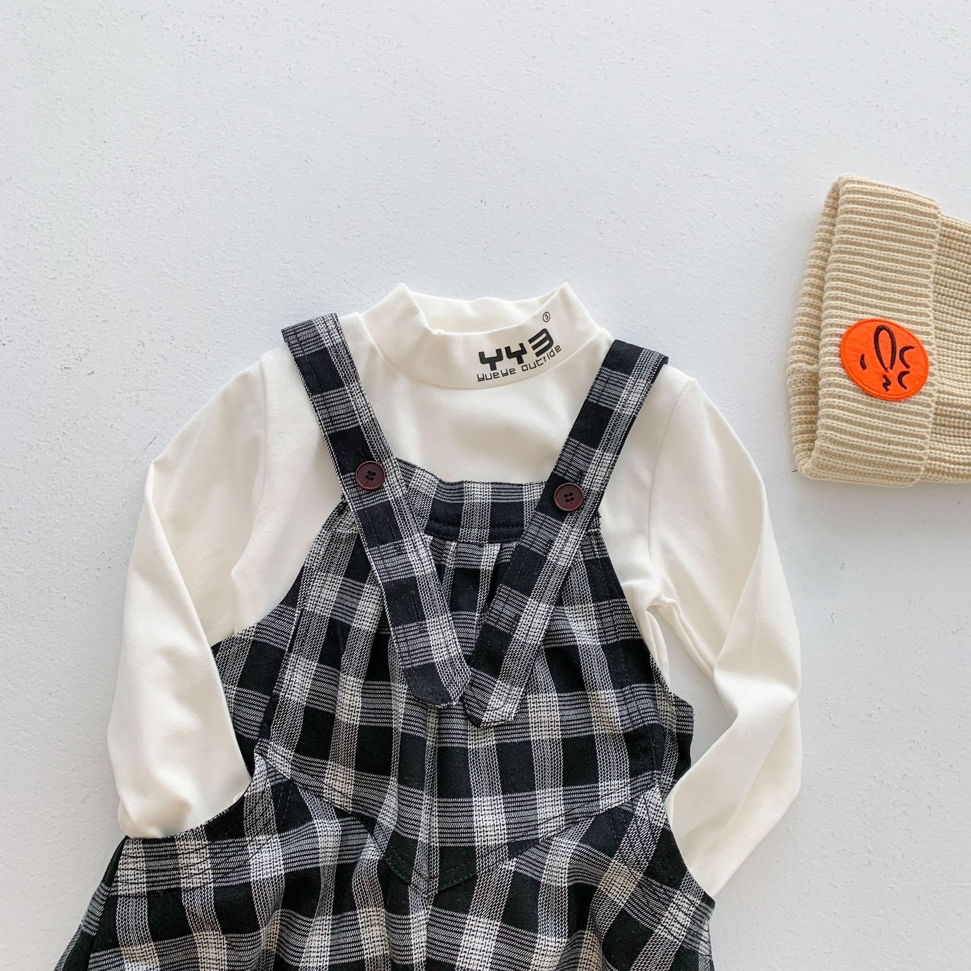Kids Overall Solid T Shirts Autumn Plaid Trousers Girls Cardigan Undershit Top Korean Baby Clothes Toddler Overalls