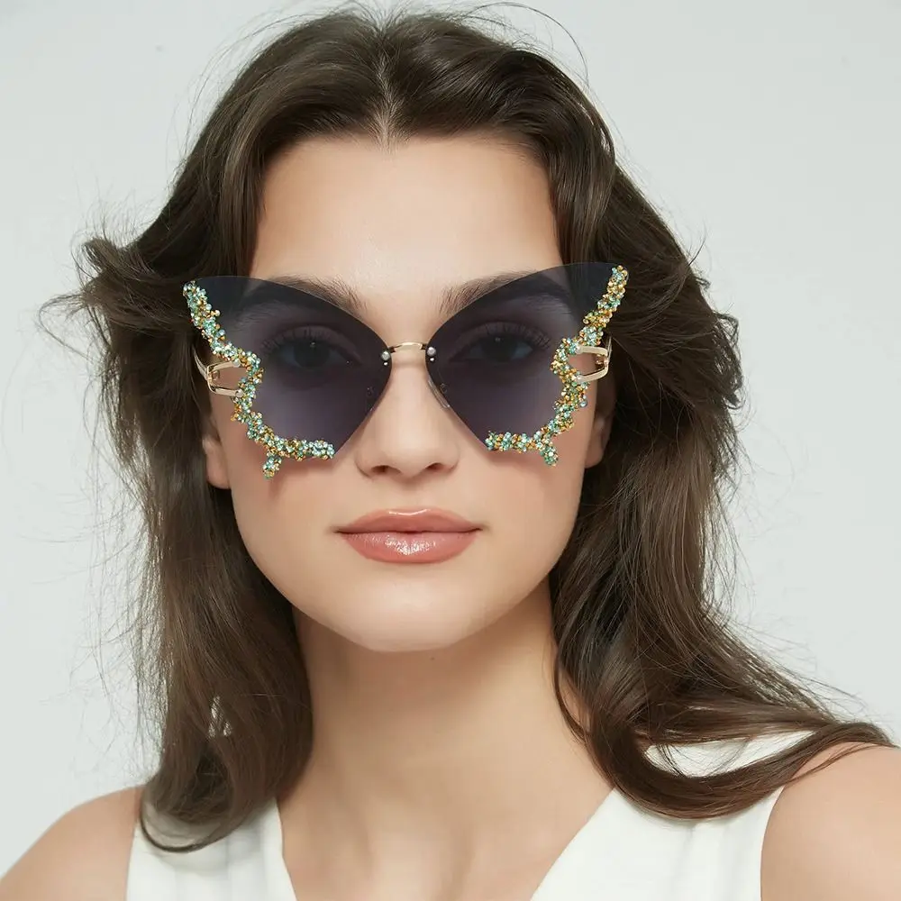 Gafas de sol sin montura con diamantes de imitación vintage para mujer: gafas de mujer Y2K Bling Shades