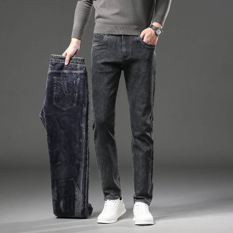 Winter Fleece Thick Warm Jeans Men's Slim Straight Elastic Denim Pants Casual Male Clothing Plush Trousers