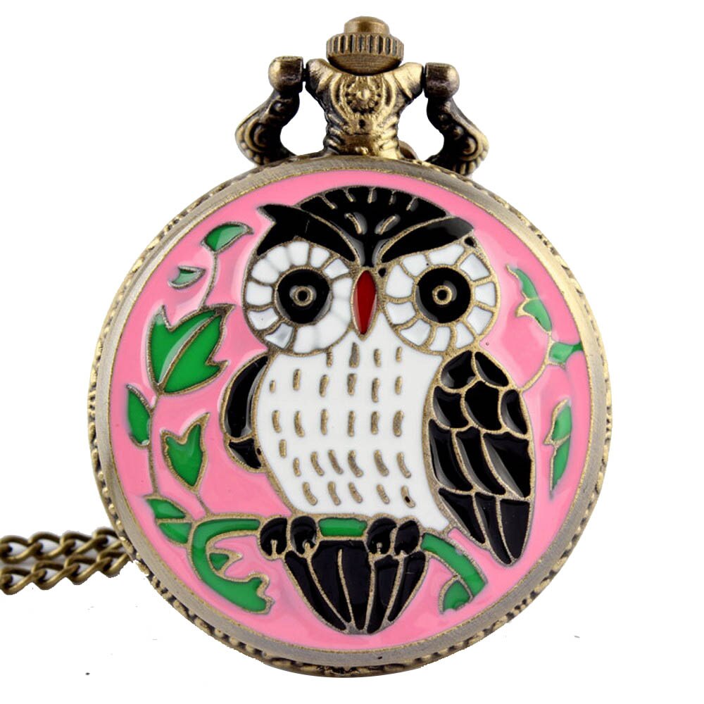 Pink ugle lommeur sød dejlig fugl dyr vedhæng halskæde fob ure med kæde børn unisex bronze ur til mænd: Stort ugleur 3