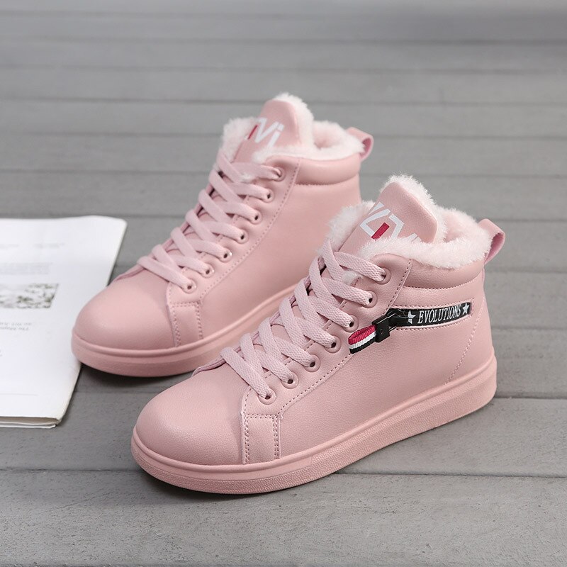 Botas de nieve cortas con cordones para mujer, botines cálidos de felpa PU, para invierno,: pink / 5