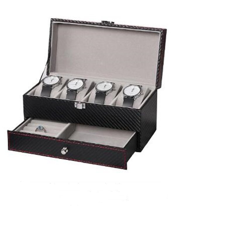 4 Grids Double Layer Watch Box Carbon Fiber PU Watch Case Boxes Holder Organizer Jewelry Box for Wedding Decoration Best: Black Gray