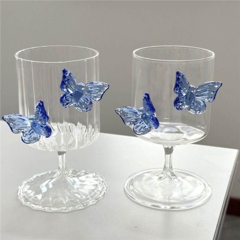 Light Luxury Glass Goblet With Butterfly Ornament Heat-Resistant Stripe Wine Glass Household Cold Drink Glasses Party Supplies