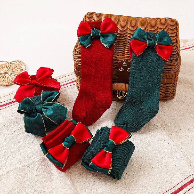 0-3T 2 Pairs Baby Kids Christmas Baby Girl Socks calzini con nodo a fiocco calzini per bambini calze verdi rosse